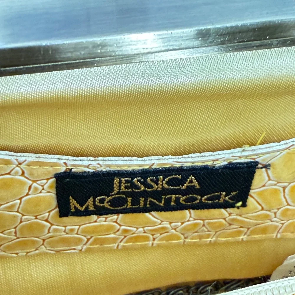 Jessica McClintock Yellow Croc Embossed Clutch Evening Bag w Brass Frame & Chain